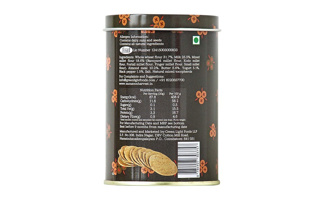 Monsoon Harvest Buttermilk & Millet Crackers - Cracked Black Pepper   Container  100 grams